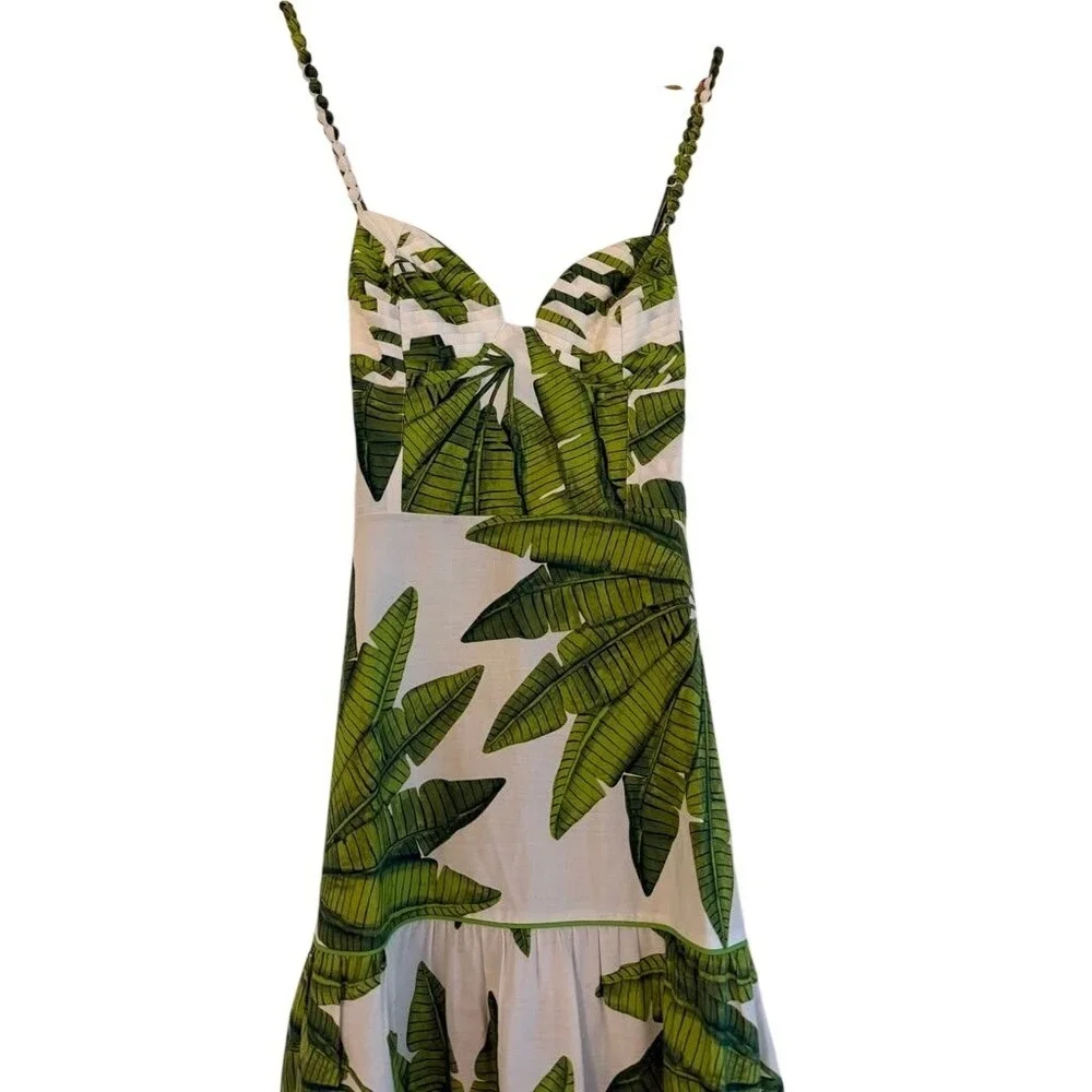 Farm Rio Green Banana Leaf Tiered Midi Dress XL Tropical Beaded Straps Scalloped - Picture 5 of 10